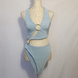 Pretty Little Thing Women's Baby Blue O Ring High Cut Tie Halter Swimsuit Size 6